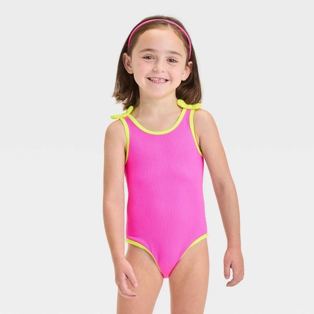 #4637 4T Toddler Girls' Solid Ribbed Value One Piece Swimsuit With Bow - Cat & Jack Pink - Default