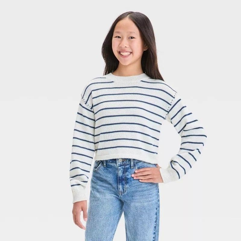 #5581 Large Girls' Long Sleeve Pullover Striped Sweater - art class Ivory/Navy - Default