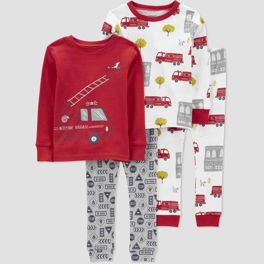 #2274 2T Carter'sToddler Boys' 4pc Long Sleeve FireTrucks Pajama Set - White/Red - Default