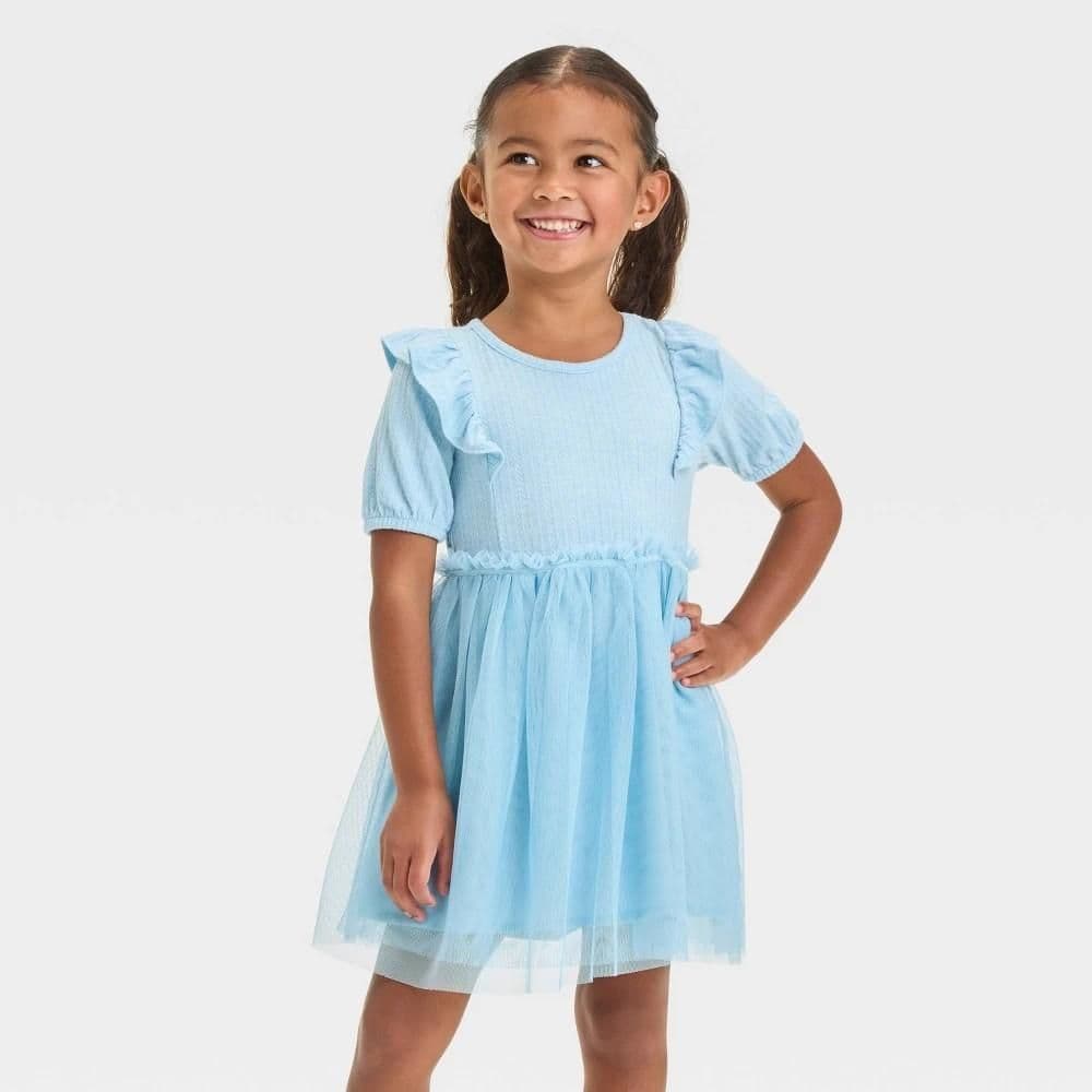 #4630 4T Toddler Girls' Short Sleeve Knit Tulle Dress - Cat & Jack Blue - Default