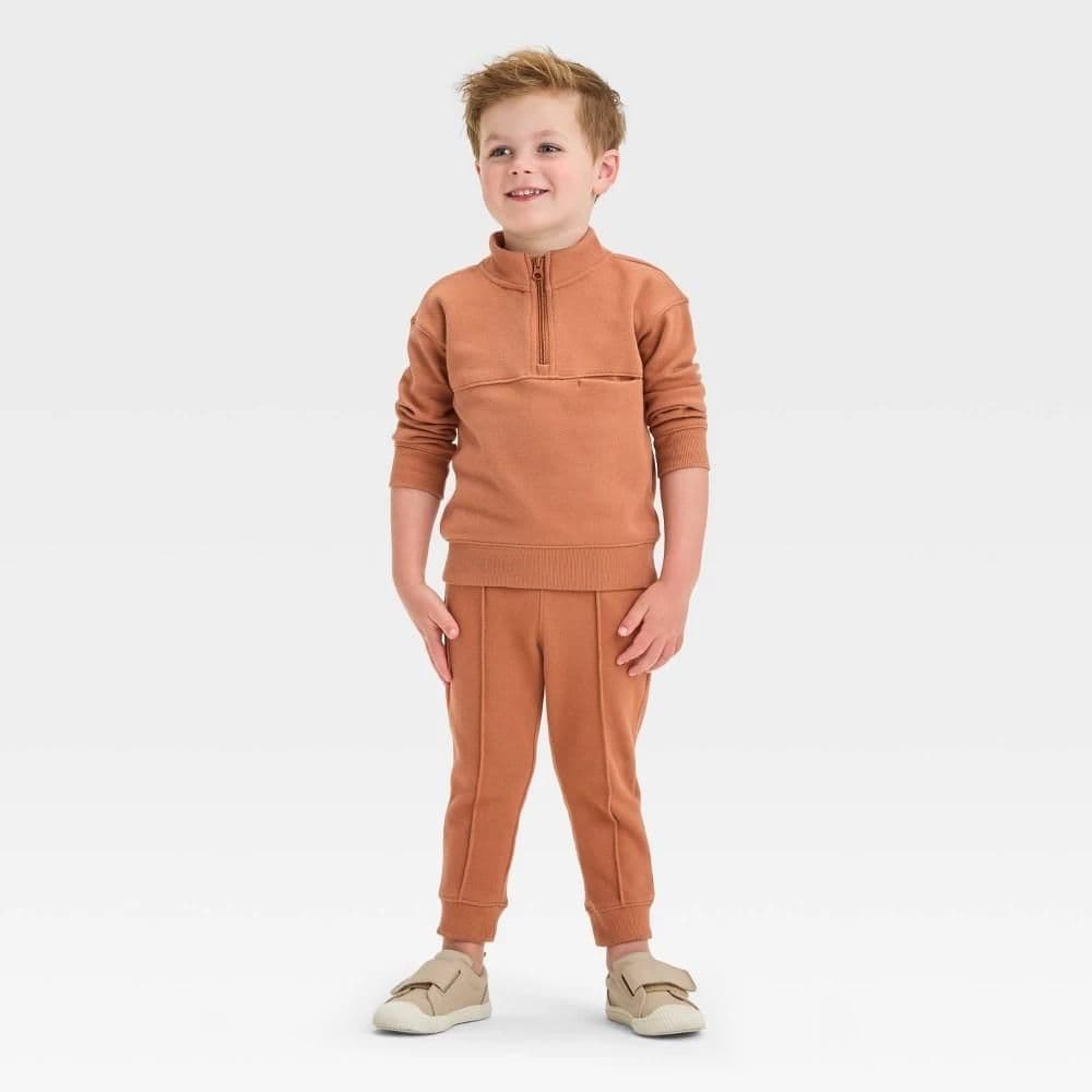 #8852 3T Toddler Boys' Long Sleeve Quarter Zip Pullover and Jogger Pants Set - Cat & Jack Brown - Default
