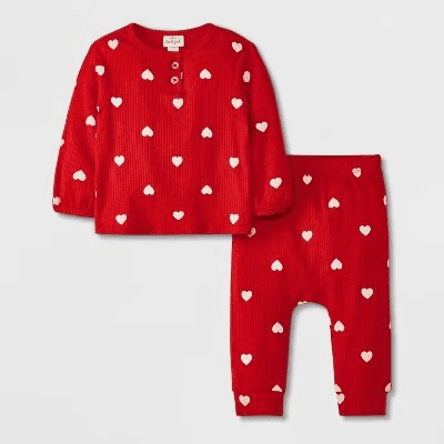#3542 0-3M Baby Heart Printed Ribbed Top & Bottom Set - Cat & Jack Red - Default