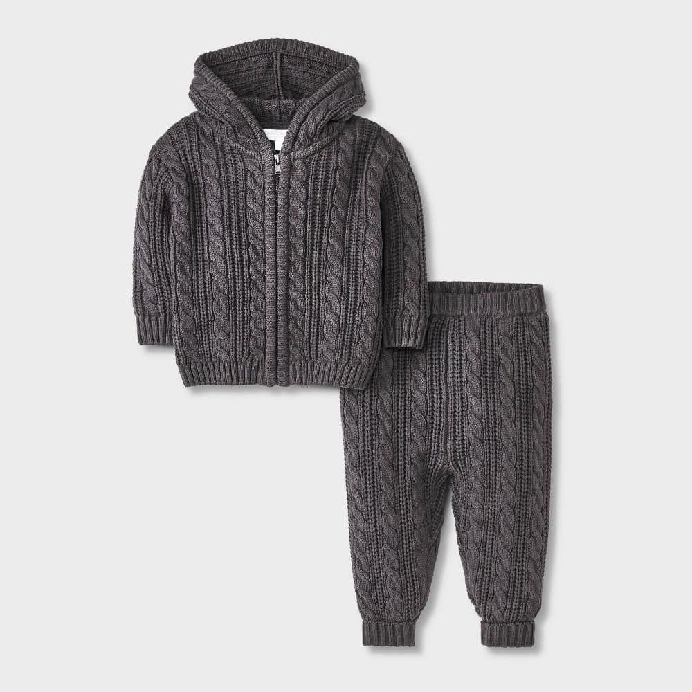 #1085 Newborn Grayson Mini Baby Cable Zip-Up Sweater Set - Dark Gray - Default