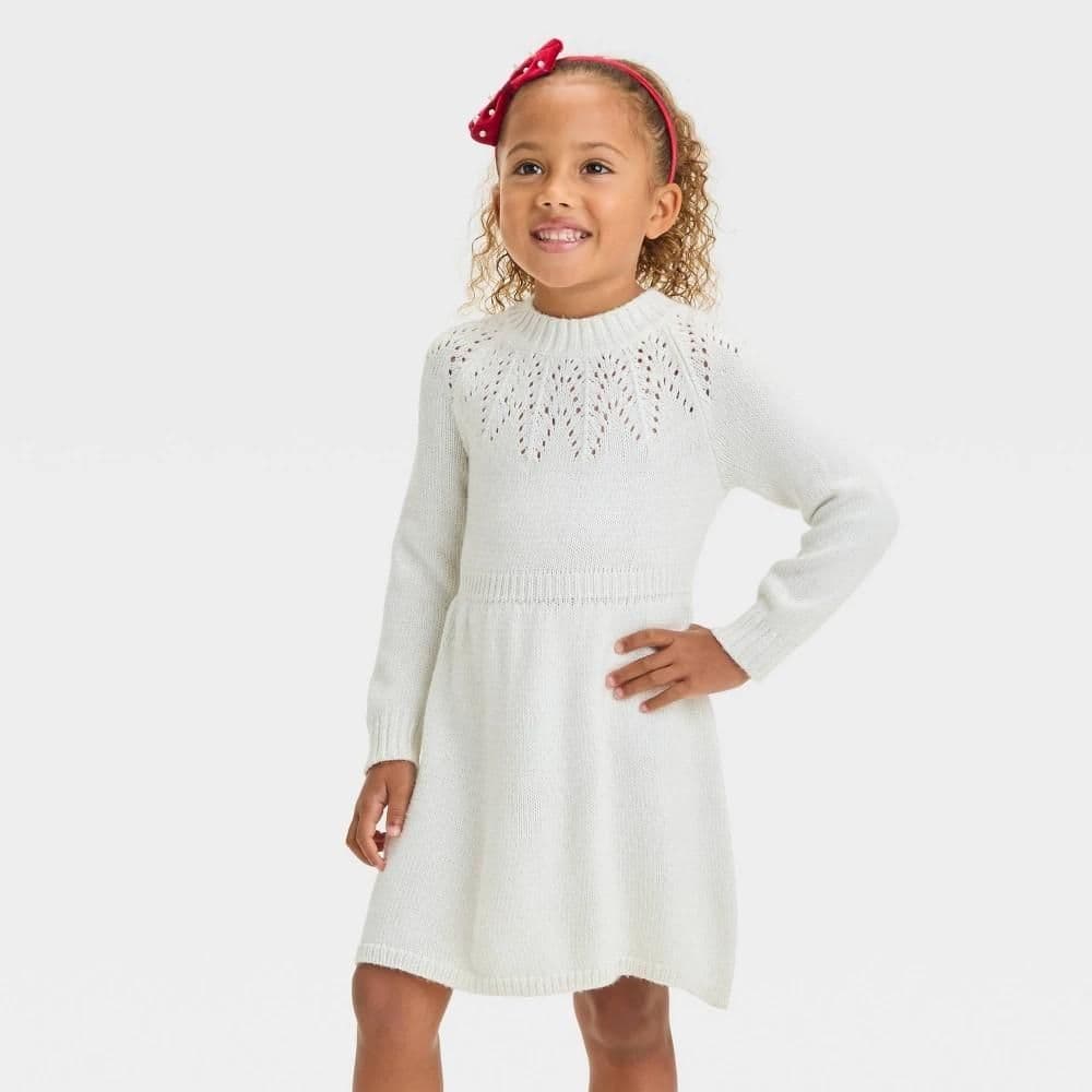 #4482 3T Toddler Girls' Pointelle Sweater Dress - Cat & Jack Cream - Default