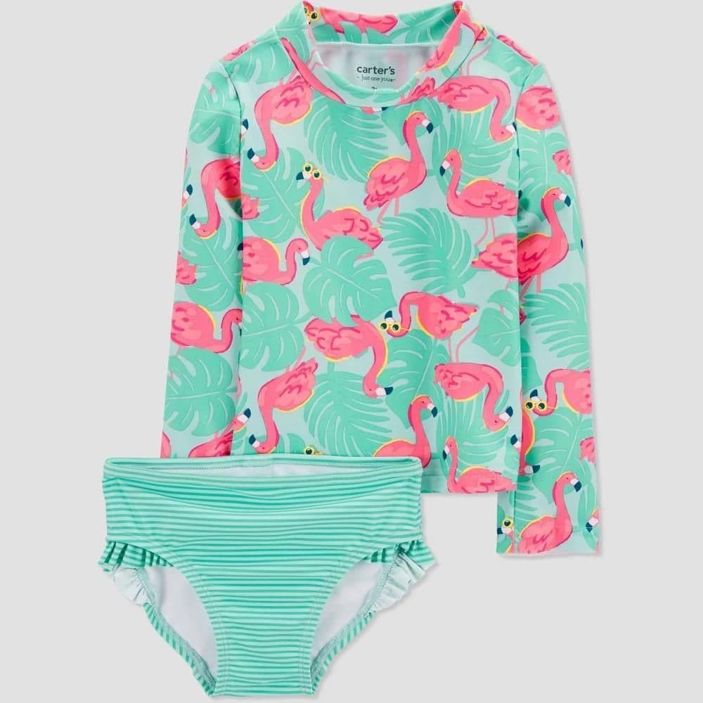 #9111 5T Carter's Just One You Toddler Girls' Long Sleeve Flamingo Printed Rash Guard Set - Blue/Pink : UPF 50+ Protection - Default
