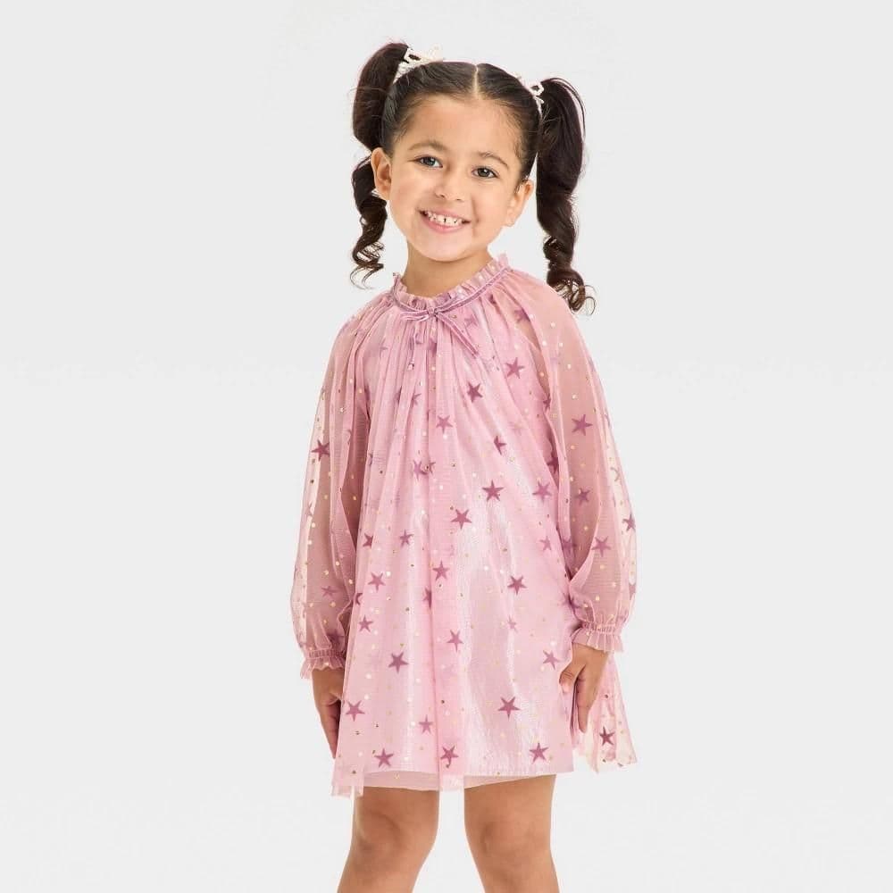#2738 3T Toddler Girls' Foil StarTulle Bow Long Sleeve Dress - Cat & Jack Pink - Default