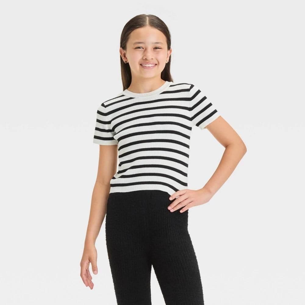 #5610 Large Girls' Short Sleeve Knit Sweater - art class Black/White Striped - Default