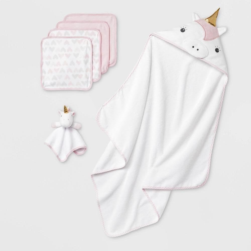 #9234 Baby 6pk Bath Towel Gift Bundle - Cloud Island Pink/White: Cotton & Recycled Polyester, Hooded Towel & Washcloth Set - Default