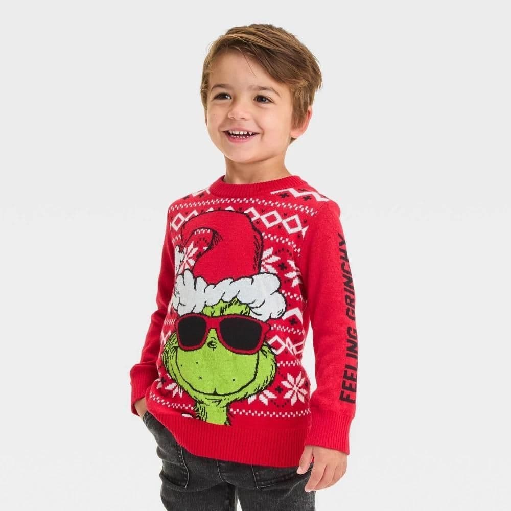 #1860 12M Toddler Boys'The Grinch Christmas "Feeling Grinchy" Sunglasses Fleece Pullover Sweater - Red - Default