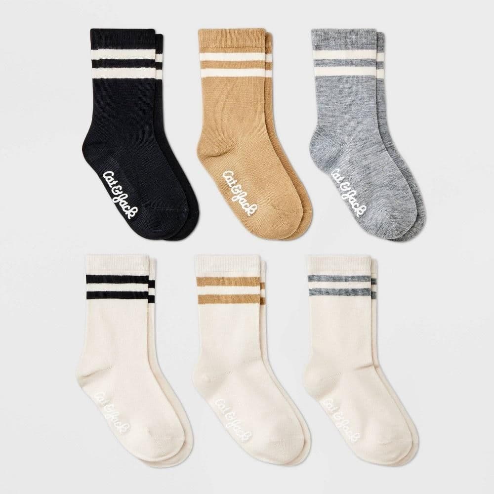 #3778 6-12M Baby 6pk Striped Neutral Varsity Crew Socks - Cat & Jack - Default