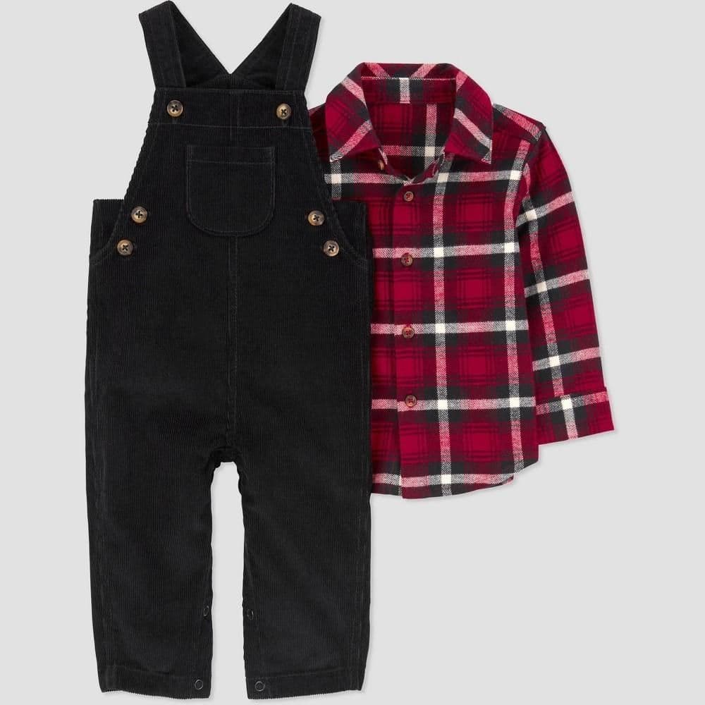 #8087 3M Carter's Just One You Baby Boys' Plaid Denim Overalls Set - Red/Black - Default
