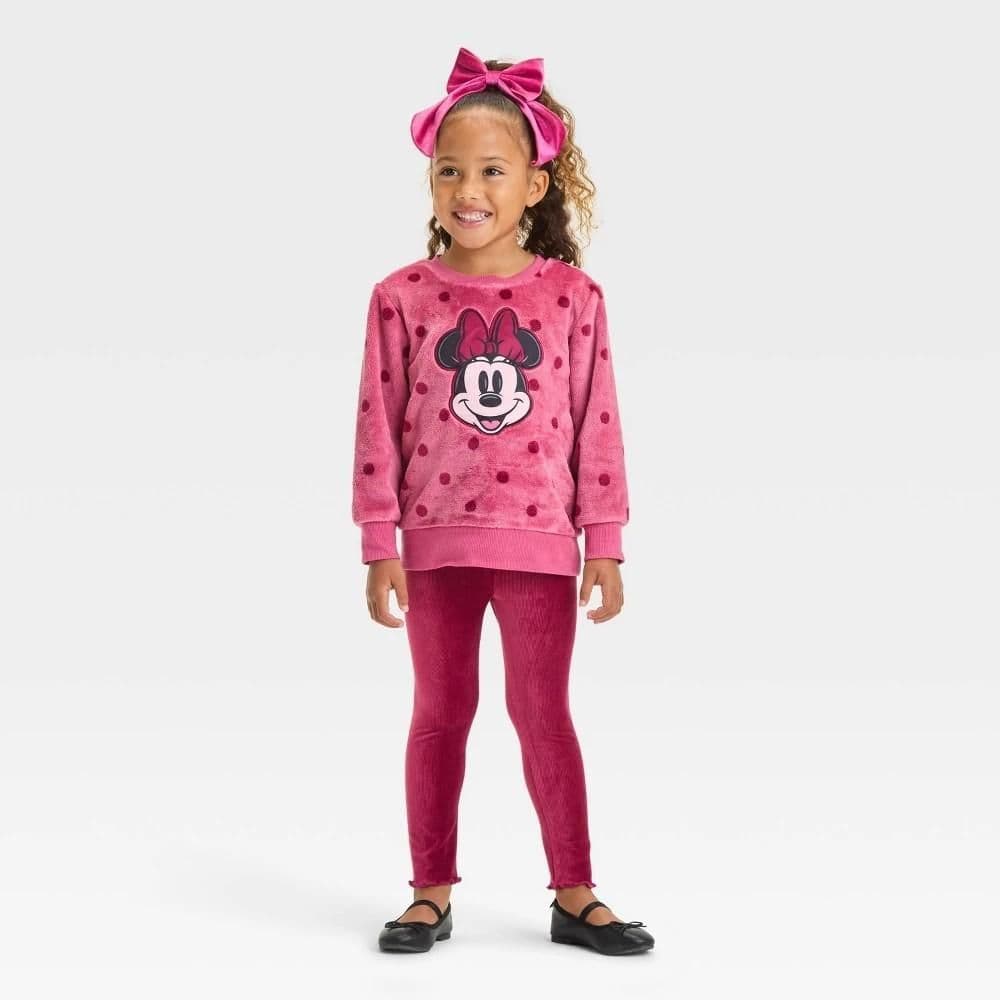 #3249 5T Toddler Girls' Disney Minnie Mouse Cozy Woobie Pullover & Ribbed Velour Pants Set - Rose Pink - Default