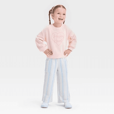 #8392 12M Toddler Girls' "Happy Heart" French Terry Valentine's Day Striped Pants Set - Cat & Jack Pink/Cream - Default