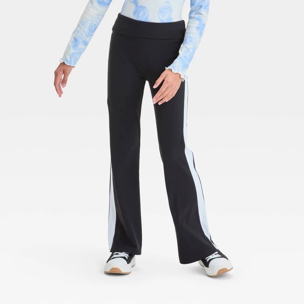Girls' Sporty Fold Over Flare Pants - Art Class Black XL: Recycled Polyester, Spandex, High Rise, Elastic Waistband, Knit Fabric - Regular