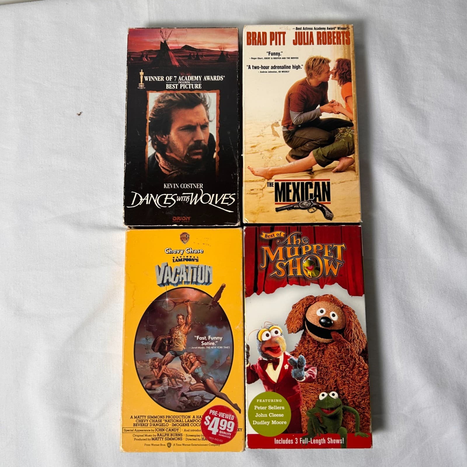 Lot of 4 VHS tapes The Mexican, Dances With Wolves, NL Vacation, Muppet Show