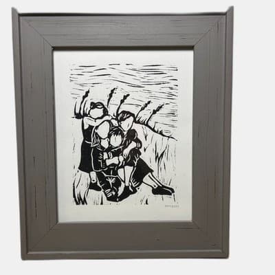 Framed linocut stylized print depicting a family of 4