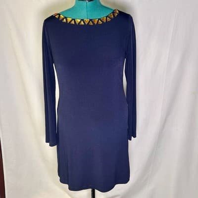 Vince Camuto long-sleeve navy blue shift dress with a jeweled neckline Size 12