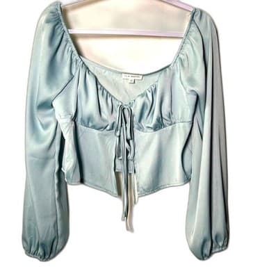 LA Hearts Green Tie Front Long Sleeve Crop Top Peasant Fairy Medium