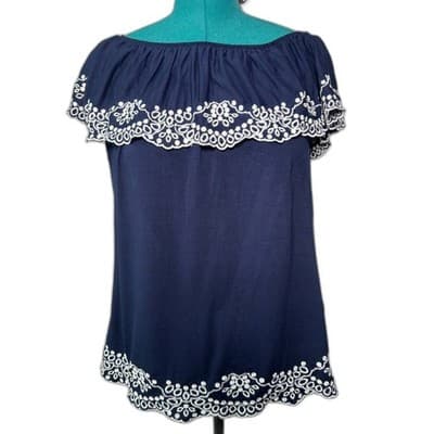 NWT Adrianna Papell navy blue embroidered boho off-shoulder top Small