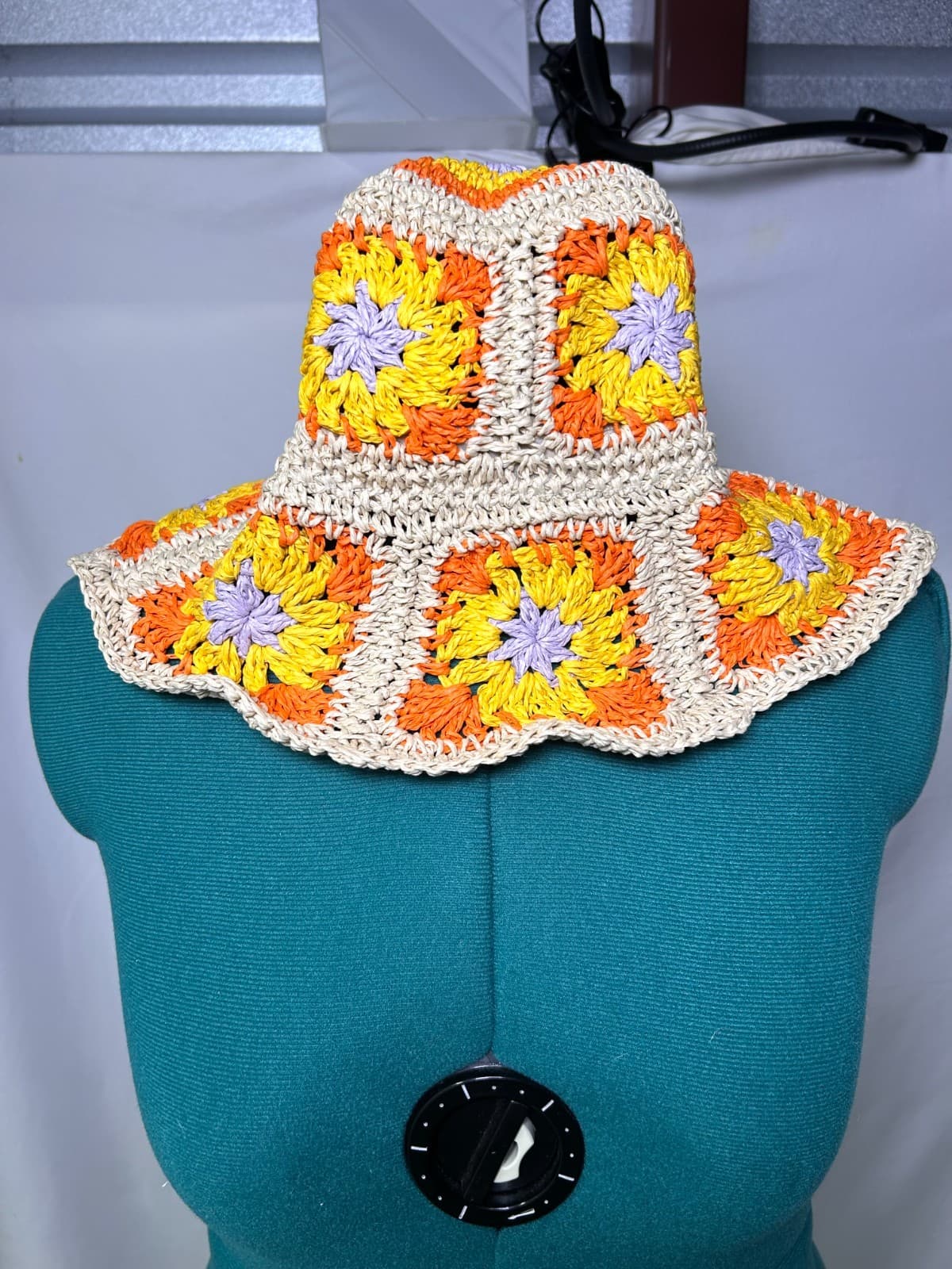 Cottagecore Granny Square Crochet Straw Bucket Hat