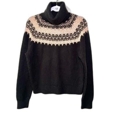 Ann Taylor Fair Isle turtleneck sweater black and metallic gold Medium