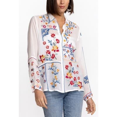 Johnny Was Zodea Almeria White Embroidered Button Front Top PL