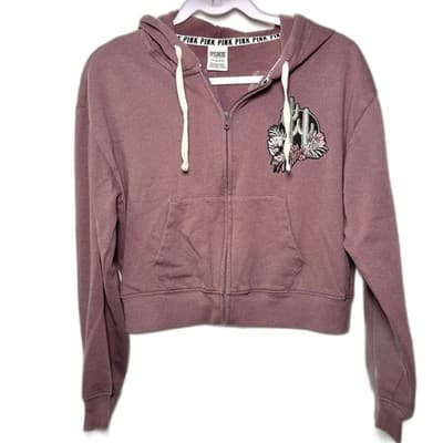 Victoria's Secret PINK small cropped full-zip mauve hoodie cactus patch sequins