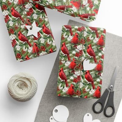 Cardinal Christmas Wrapping Paper Bird and Holly Gift Wrap | Winter Wonderland