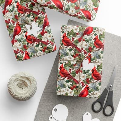 Cardinal Christmas Wrapping Paper | Bird and Holly Gift Wrap | Winter Wonderland