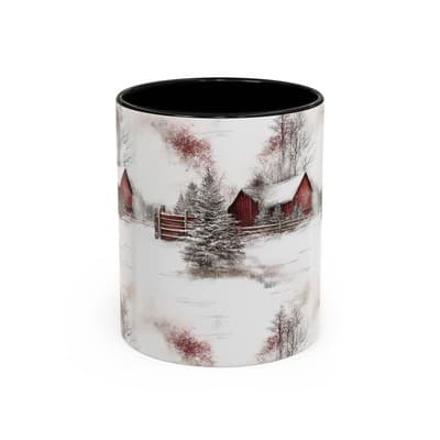 Rustic Winter Scene Coffee Mug, Holiday Gift, Cozy Cabin Decor, Snowy Farm Cup