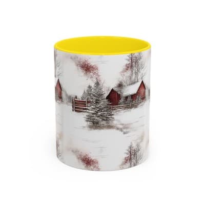 Rustic Winter Scene Coffee Mug, Holiday Gift, Cozy Cabin Decor, Snowy Farm Cup