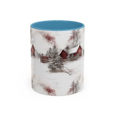 Rustic Winter Scene Coffee Mug, Holiday Gift, Cozy Cabin Decor, Snowy Farm Cup