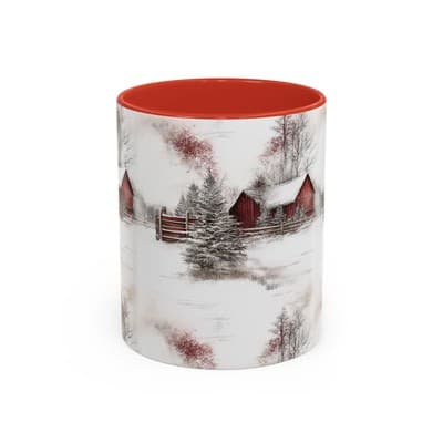 Rustic Winter Scene Coffee Mug, Holiday Gift, Cozy Cabin Decor, Snowy Farm Cup