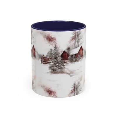 Rustic Winter Scene Coffee Mug, Holiday Gift, Cozy Cabin Decor, Snowy Farm Cup