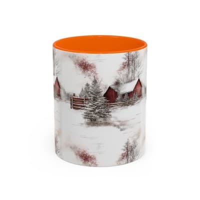 Rustic Winter Scene Coffee Mug, Holiday Gift, Cozy Cabin Decor, Snowy Farm Cup