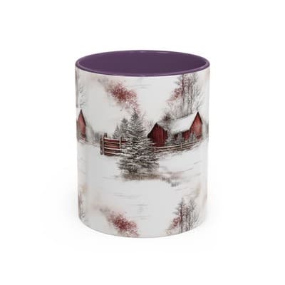 Rustic Winter Scene Coffee Mug, Holiday Gift, Cozy Cabin Decor, Snowy Farm Cup