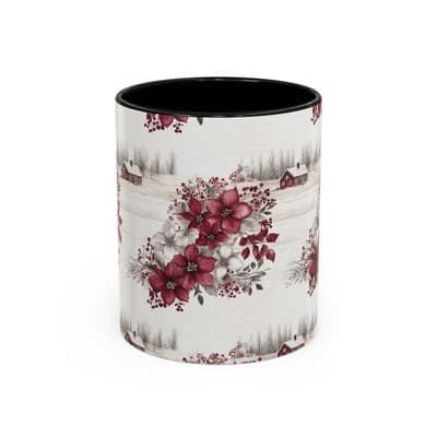 Winter Floral Coffee Mug 11oz 15oz | Holiday Gift | Cozy Red White Cup Decor