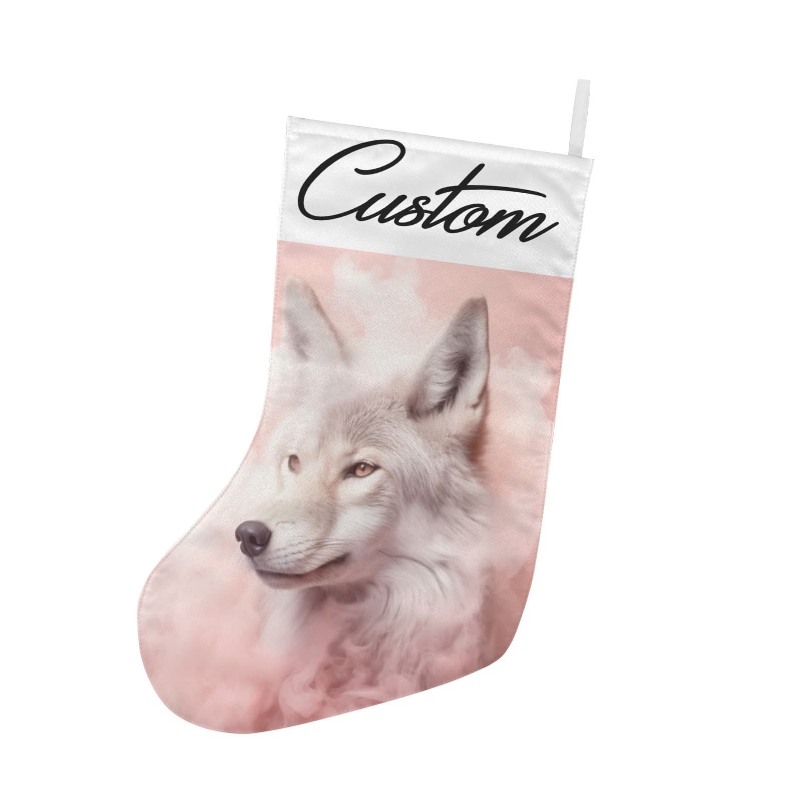 Custom Pink Wolf Christmas Stocking White Wolf in Pink Clouds Personalized Gift