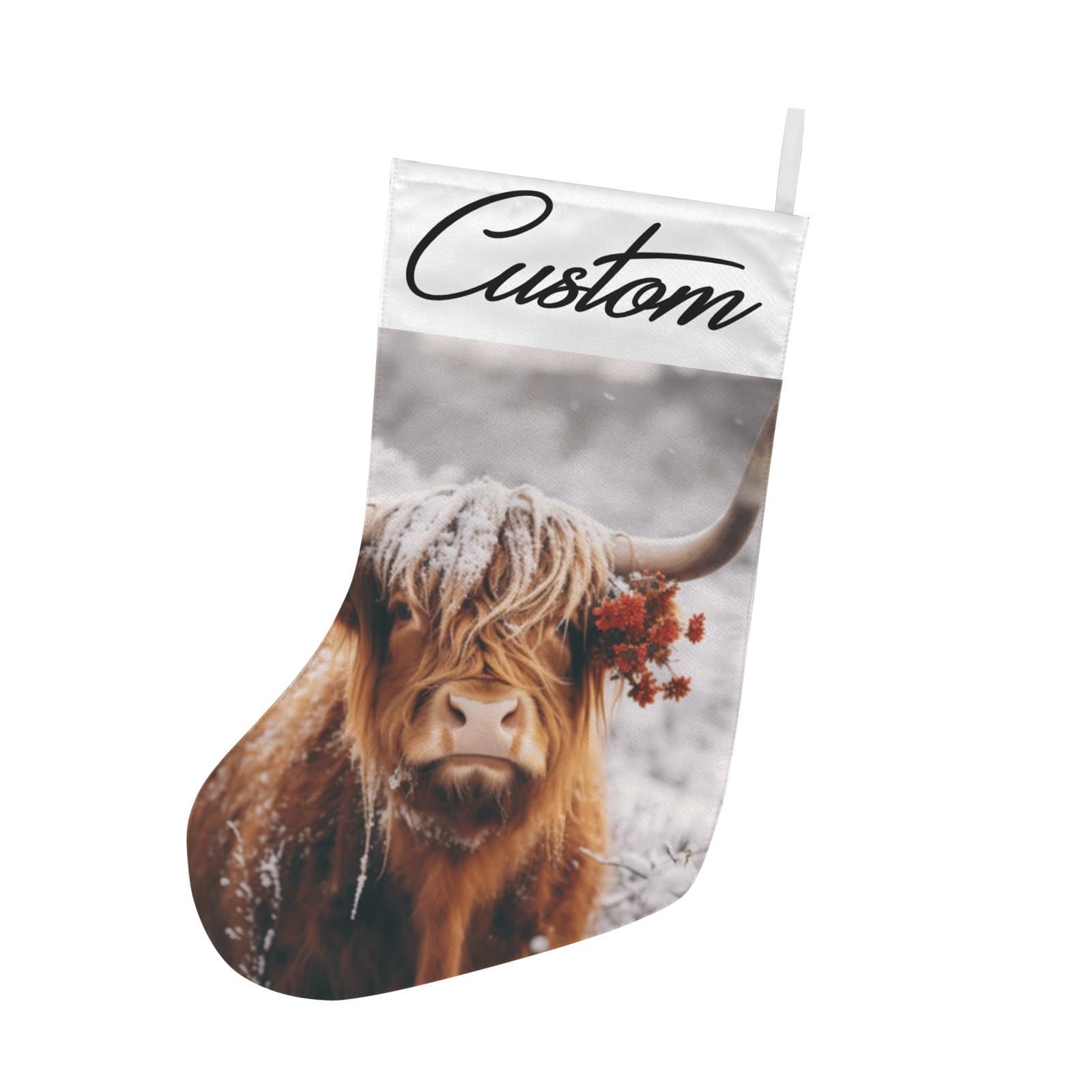 Custom Name Highland Cow Christmas Stocking Snowy Rustic Farmhouse Decor