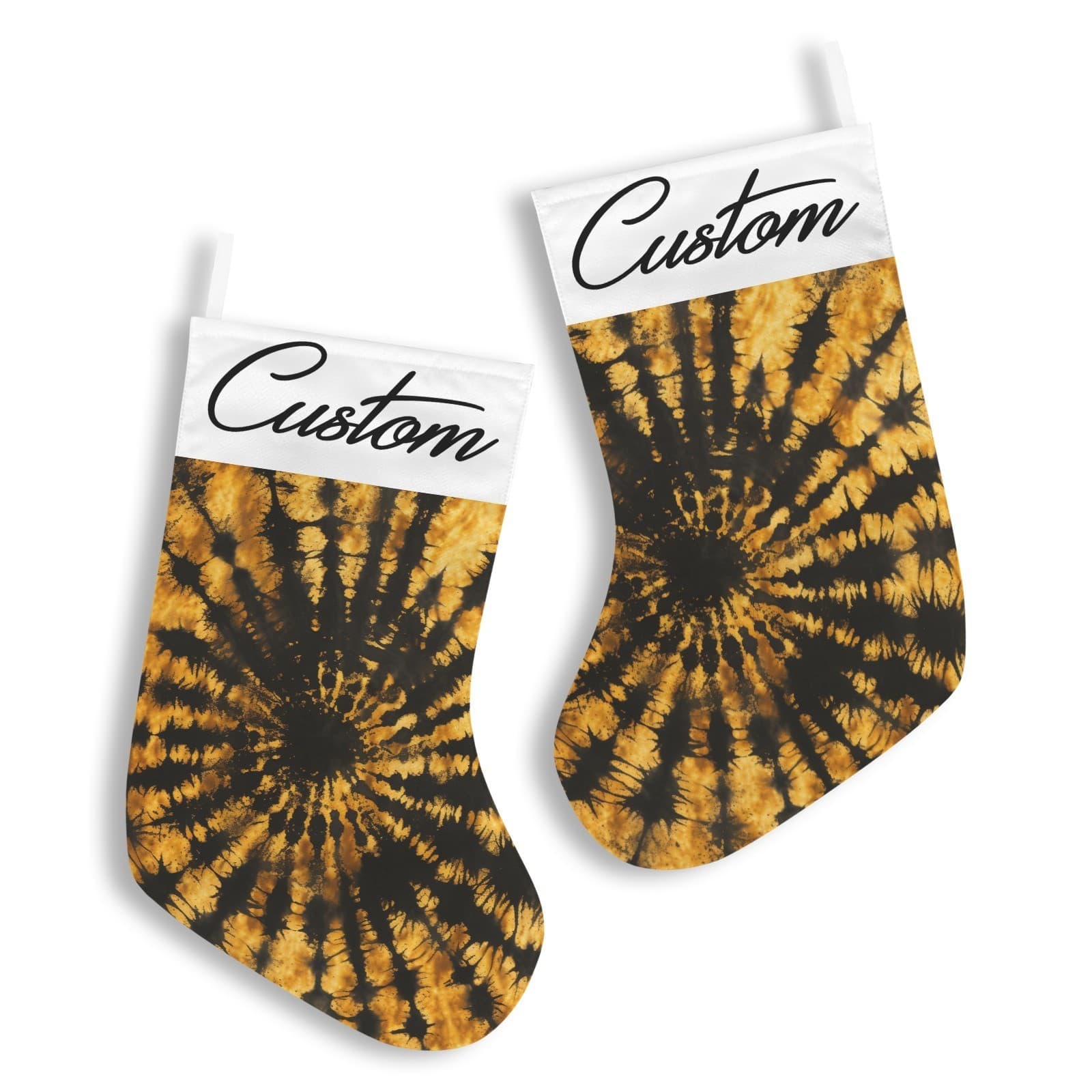 Custom Tie Dye Christmas Stocking Yellow Black Spiral – Personalized Name Hippie