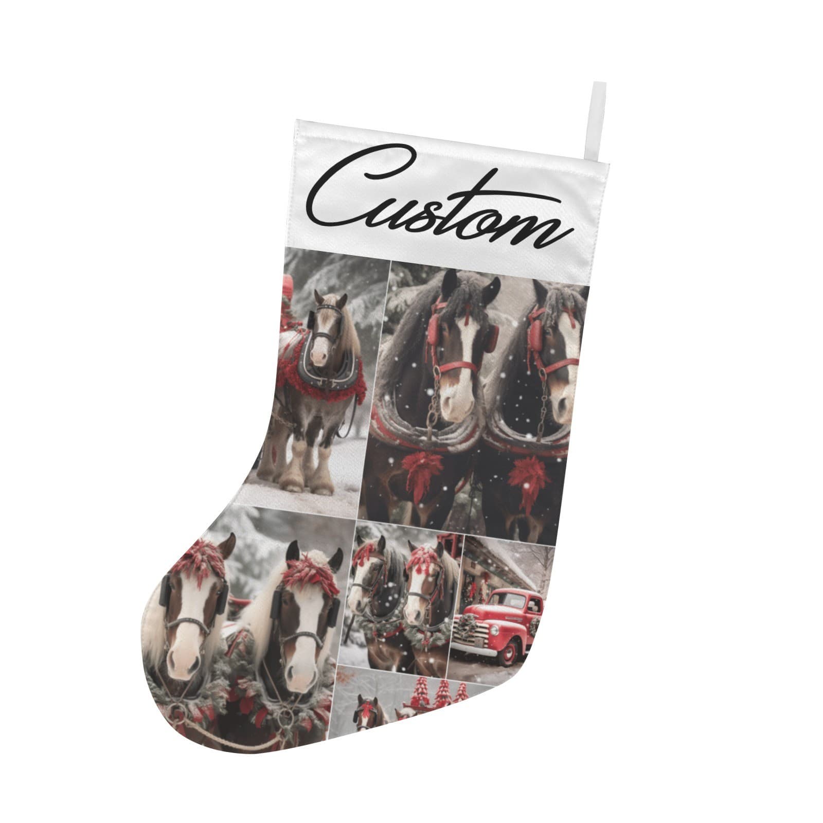 Custom Christmas Stocking – Horse & Sleigh Winter Collage Holiday Decor, Persona