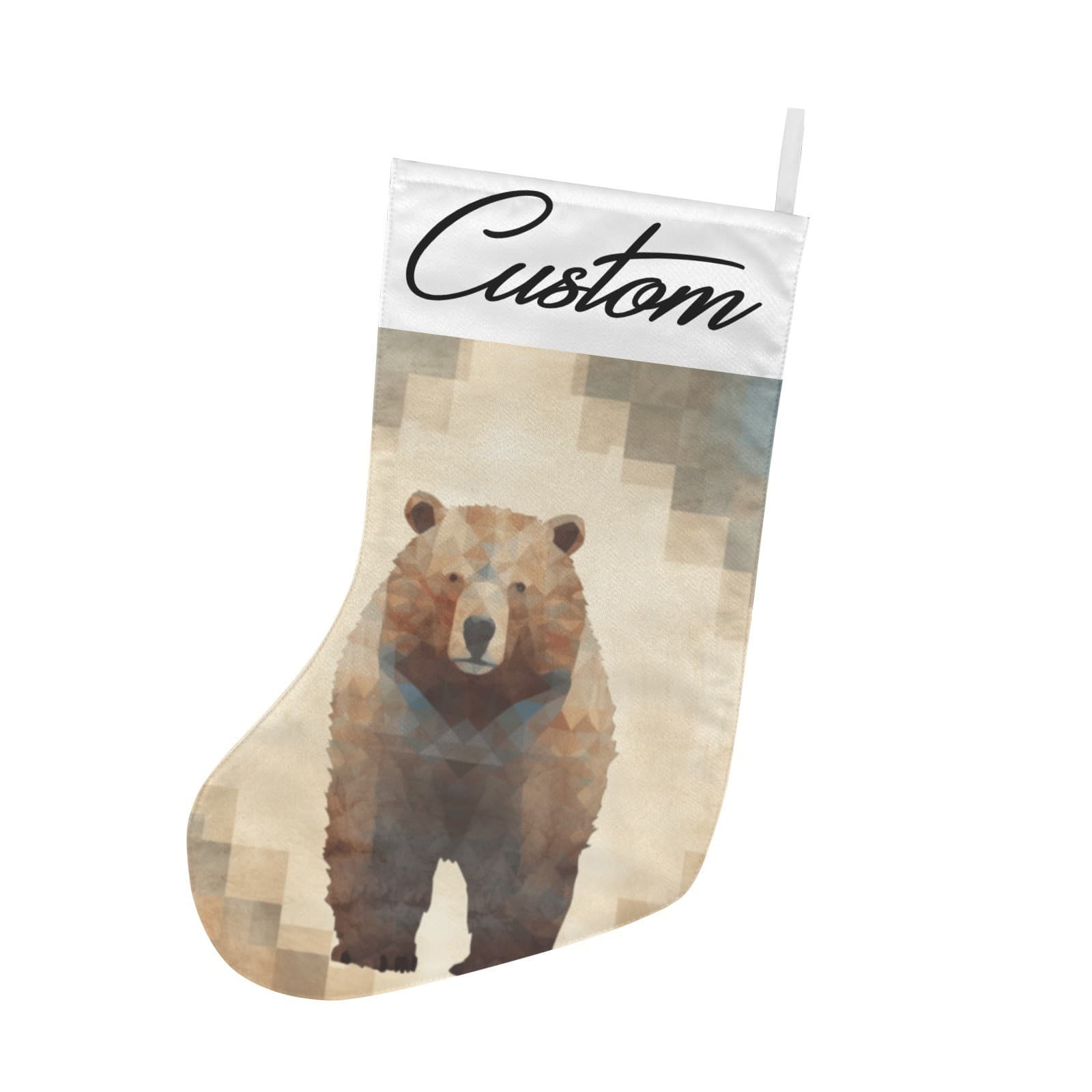 Custom Bear Christmas Stocking Rustic Cabin Decor – Personalized Name Geometric