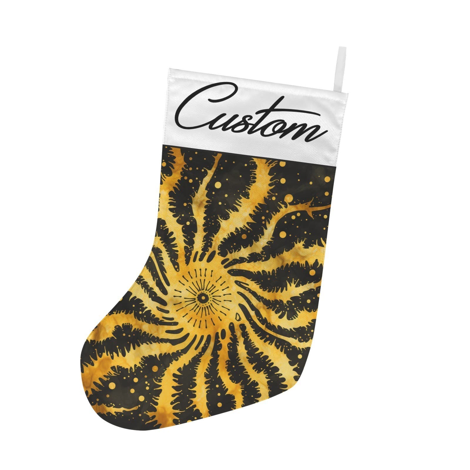 Custom Black Gold Tie Dye Christmas Stocking • Personalized Name • Boho Holiday