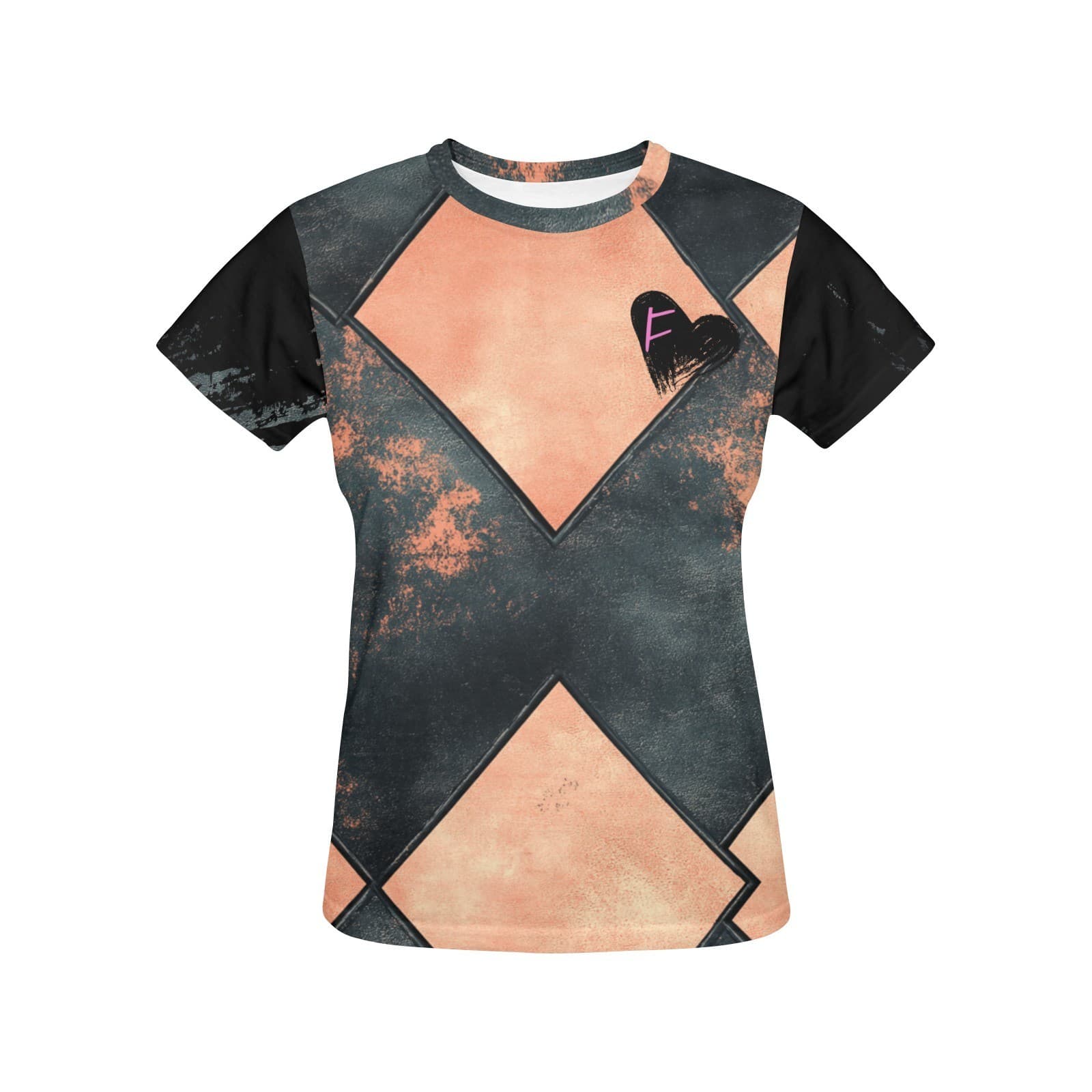 Feral Miss Grunge Diamond Tee – Coral & Charcoal Shirt | XS–4XL