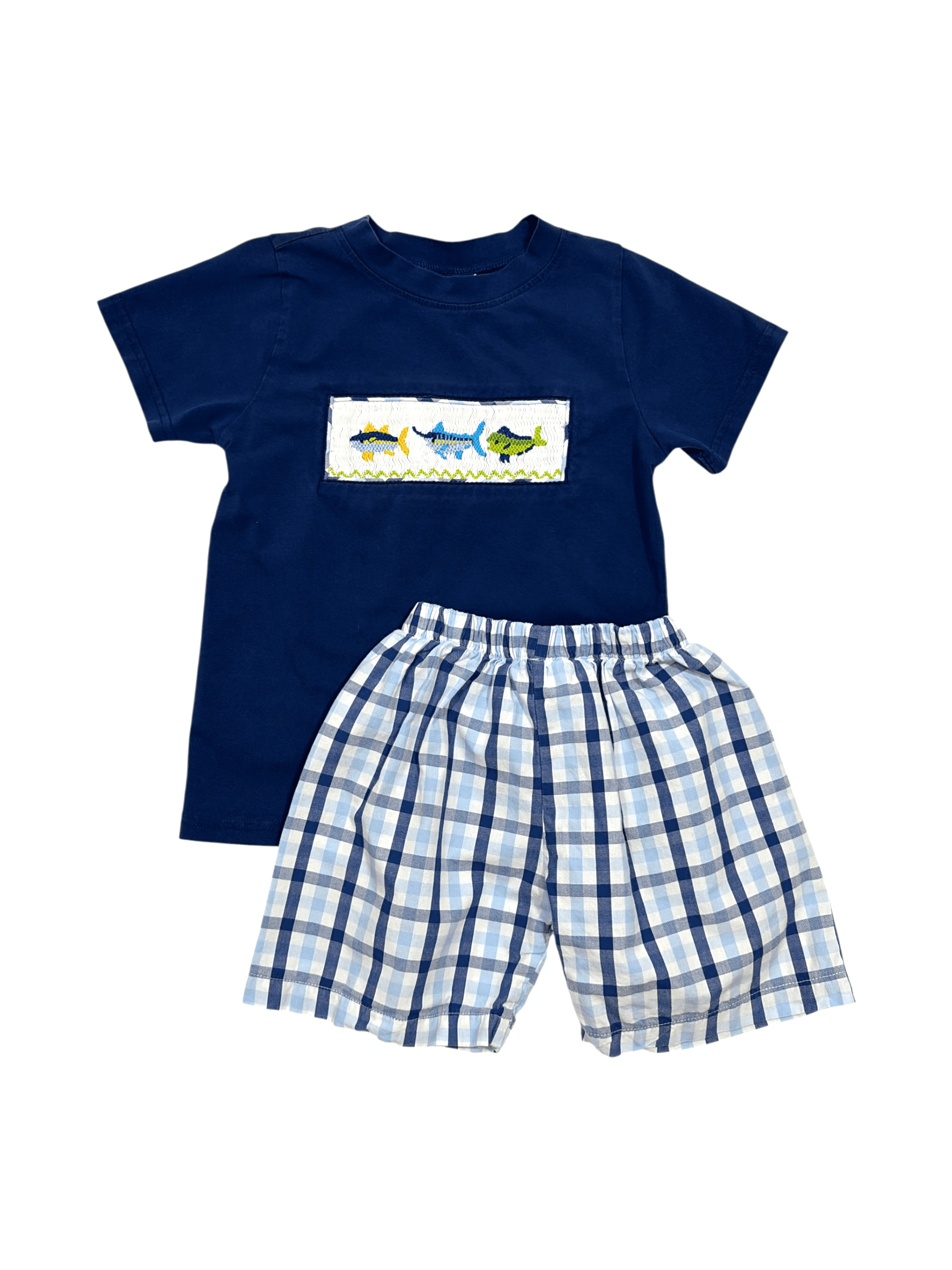 Smocked Polkadot size 4 Blue Fish Appliqué T-Shirt and Plaid Shorts Set