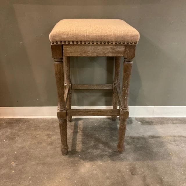 *NEW* Tan Upholstered Bar Stool with Dark Washed Wood and Nailheads