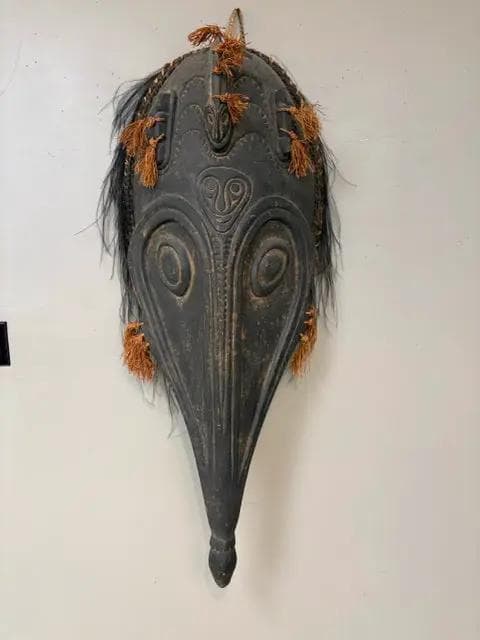 Antique Papua New Guinea Ceremonial Gable Wood Mask with Carousel Bird Feathers