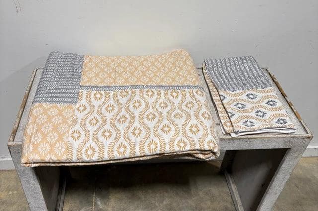 King Size Yellow And Grey Patchwork Printed Quilt With 2 Shams