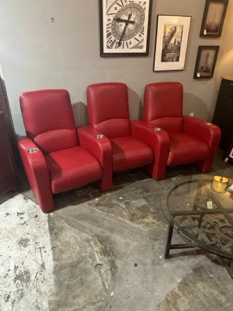 American Leather Red Row of 3 Reclining Home Theater Seats