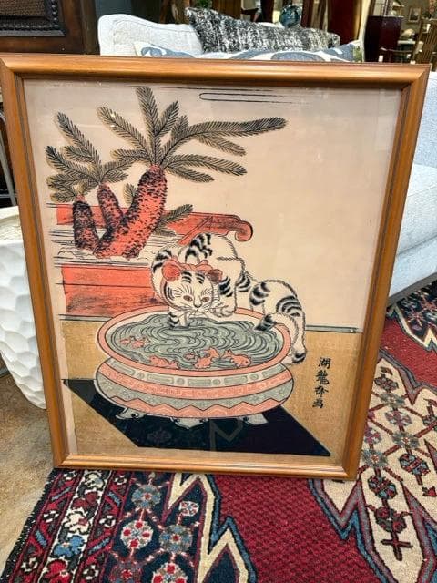 "Cat Pawing at Goldfish" Framed Print by Isoda Koryusai